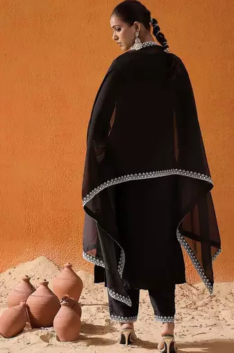 Black Floral Yoke Design Straight Sequinned Kurta With Trousers & Dupatta