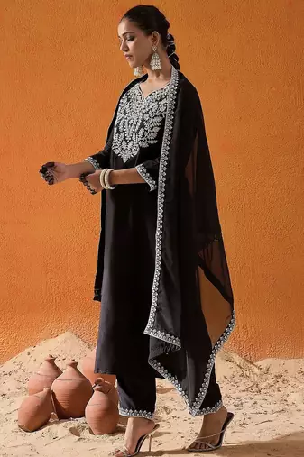 Black Floral Yoke Design Straight Sequinned Kurta With Trousers & Dupatta
