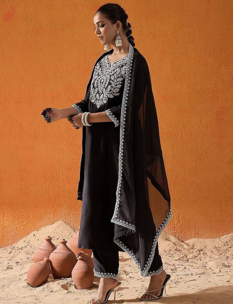 Black Floral Yoke Design Straight Sequinned Kurta With Trousers & Dupatta