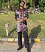 Black and wine paisley printed premium velvet partywear kurta for men