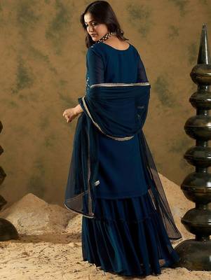Floral Embroidered Thread Work Regular Sleeves V-Neck Georgette Kurta Set 6