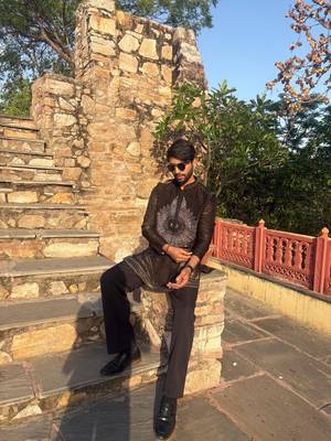 Brown metallic crushed look embroidered mandala yoke festive kurta for men 1