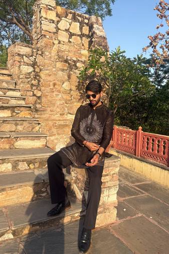 Brown metallic crushed look embroidered mandala yoke festive kurta for men