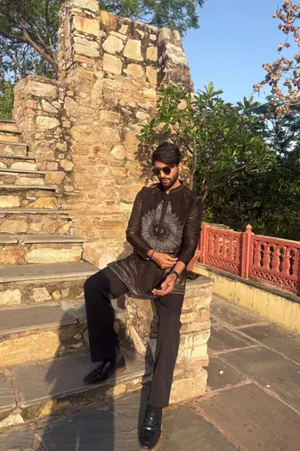 Brown metallic crushed look embroidered mandala yoke festive kurta for men