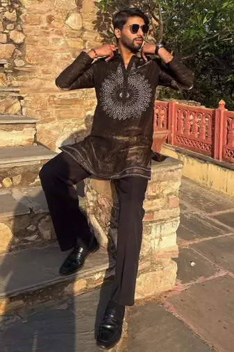 Brown metallic crushed look embroidered mandala yoke festive kurta for men