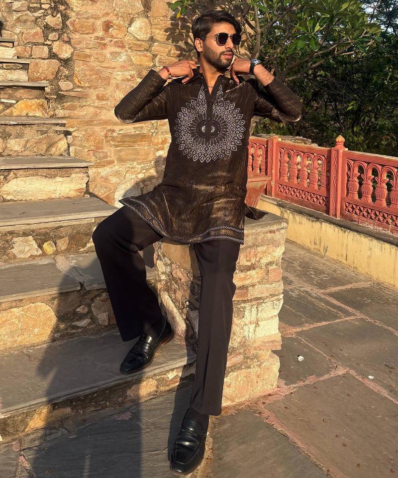 Brown metallic crushed look embroidered mandala yoke festive kurta for men