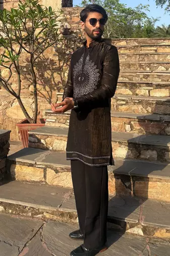 Brown metallic crushed look embroidered mandala yoke festive kurta for men
