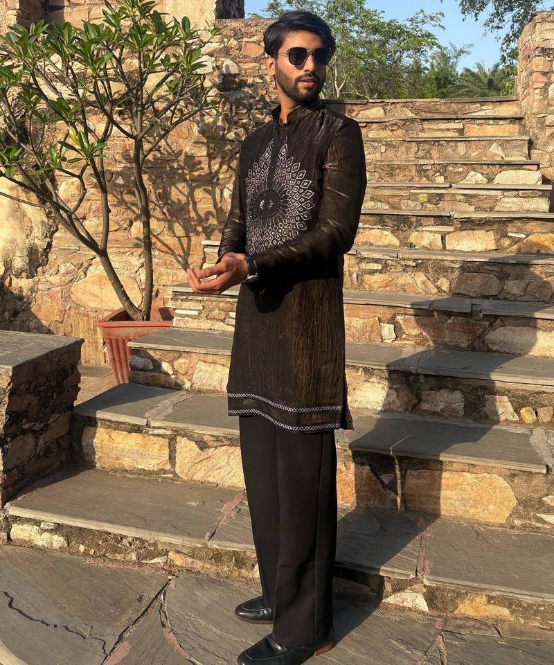 Brown metallic crushed look embroidered mandala yoke festive kurta for men