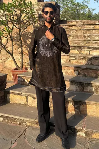 Brown metallic crushed look embroidered mandala yoke festive kurta for men