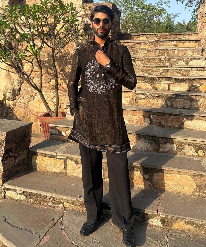 Brown metallic crushed look embroidered mandala yoke festive kurta for men