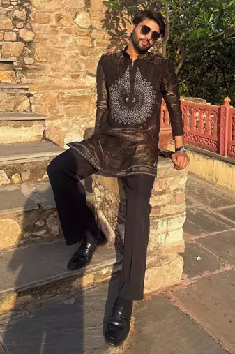 Brown metallic crushed look embroidered mandala yoke festive kurta for men
