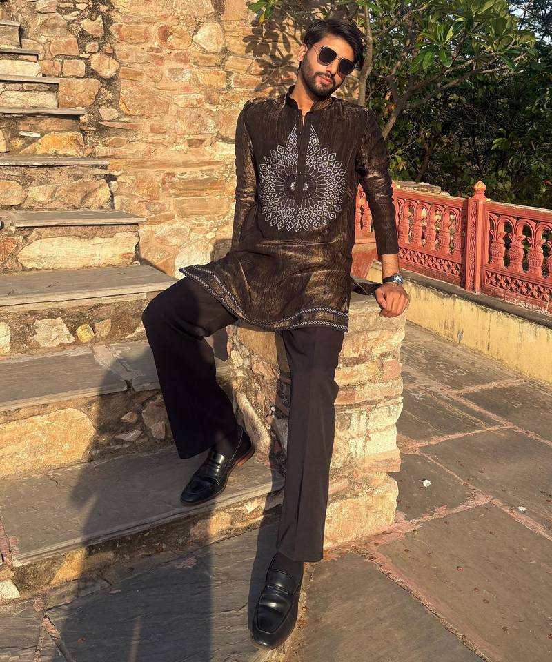 Brown metallic crushed look embroidered mandala yoke festive kurta for men