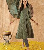 Floral Printed A-Line Sequinned Kurta with Trousers & Dupatta