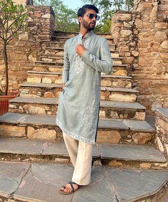 Sky blue embroidered cotton festive kurta for men 1