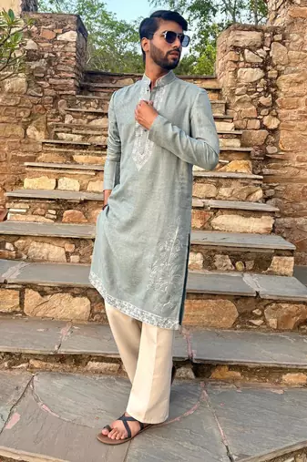 Sky blue embroidered cotton festive kurta for men