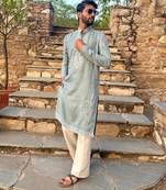 Sky blue embroidered cotton festive kurta for men