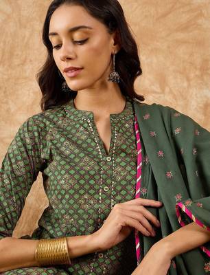 Floral Printed A-Line Sequinned Kurta with Trousers & Dupatta 2