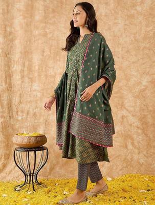 Floral Printed A-Line Sequinned Kurta with Trousers & Dupatta 5
