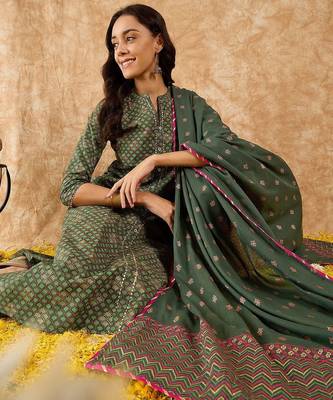 Floral Printed A-Line Sequinned Kurta with Trousers & Dupatta 7