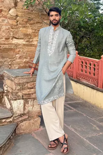 Sky blue embroidered cotton festive kurta for men