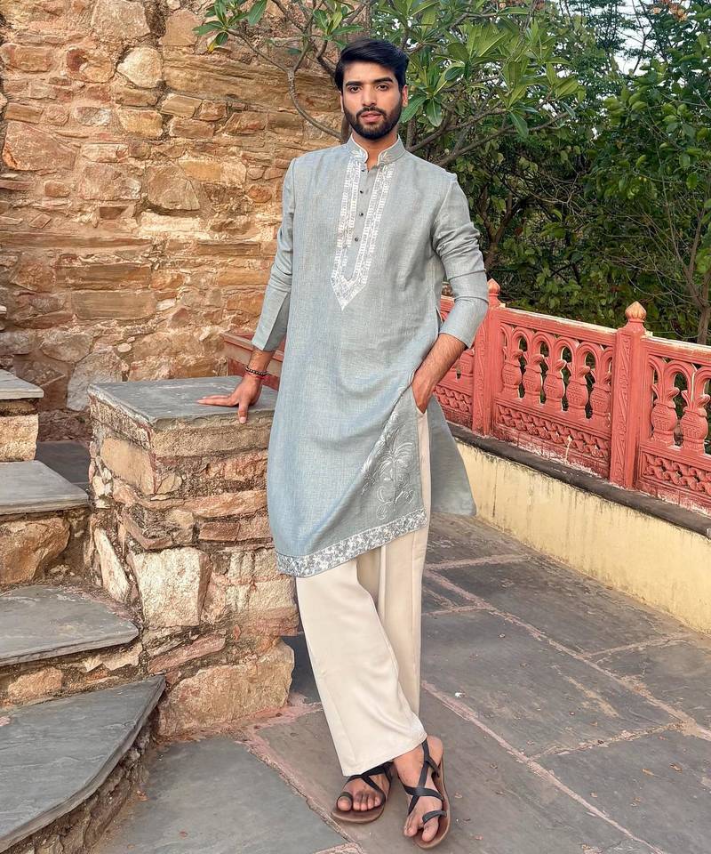 Sky blue embroidered cotton festive kurta for men