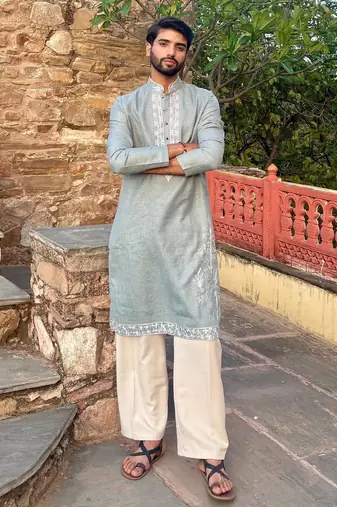 Sky blue embroidered cotton festive kurta for men
