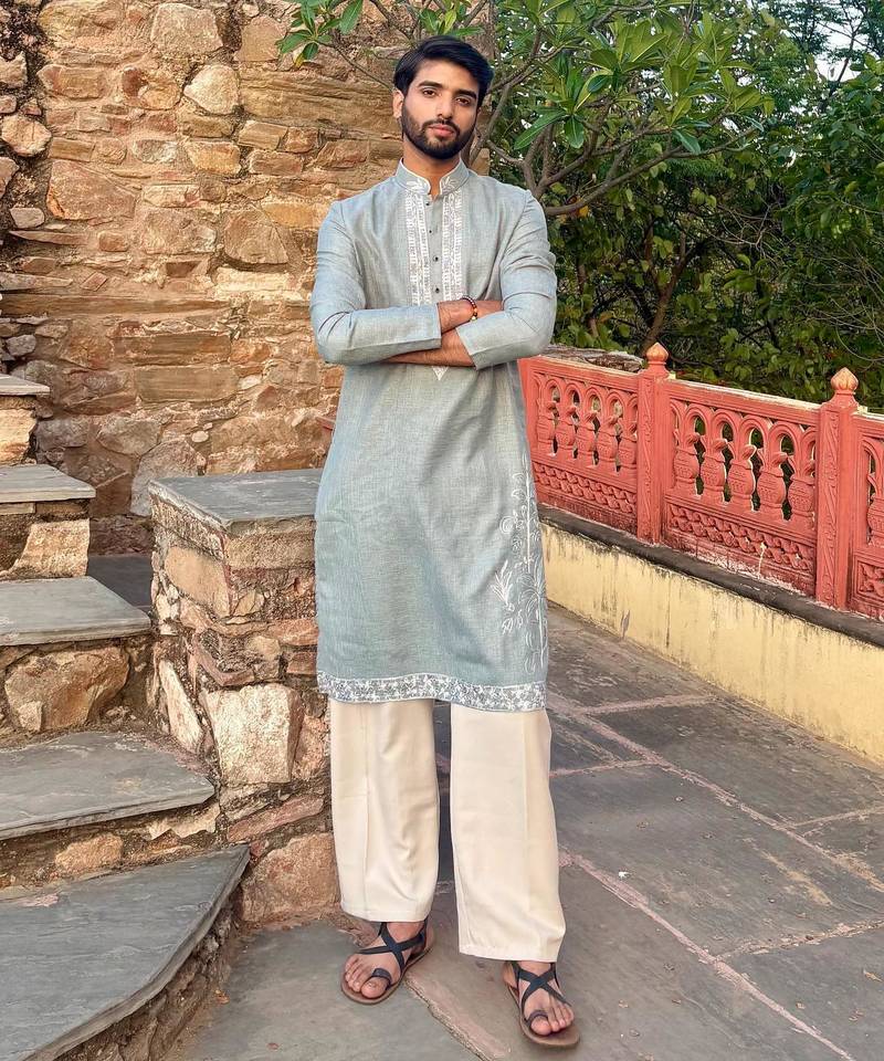 Sky blue embroidered cotton festive kurta for men