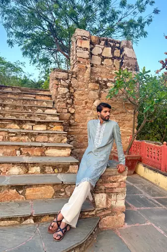 Sky blue embroidered cotton festive kurta for men