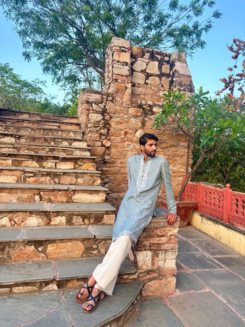 Sky blue embroidered cotton festive kurta for men