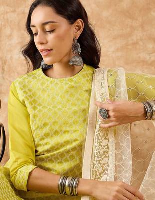 Embroidered Straight Sequinned Chanderi Cotton Kurta with Trousers & Dupatta 2