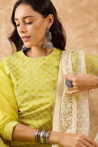 Embroidered Straight Sequinned Chanderi Cotton Kurta with Trousers & Dupatta