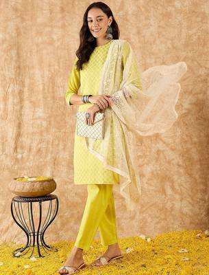 Embroidered Straight Sequinned Chanderi Cotton Kurta with Trousers & Dupatta 1