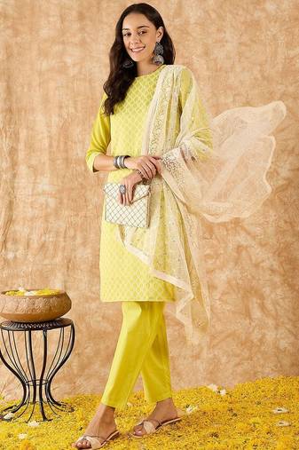 Embroidered Straight Sequinned Chanderi Cotton Kurta with Trousers & Dupatta