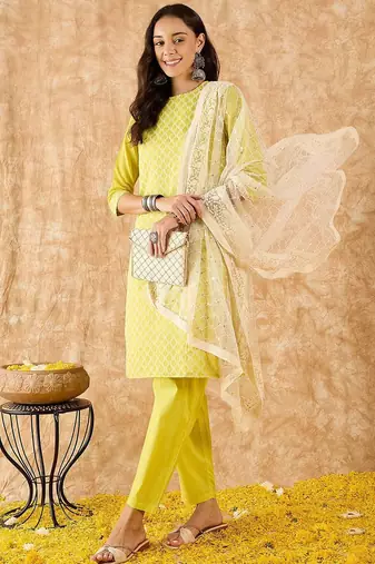 Embroidered Straight Sequinned Chanderi Cotton Kurta with Trousers & Dupatta