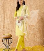 Embroidered Straight Sequinned Chanderi Cotton Kurta with Trousers & Dupatta