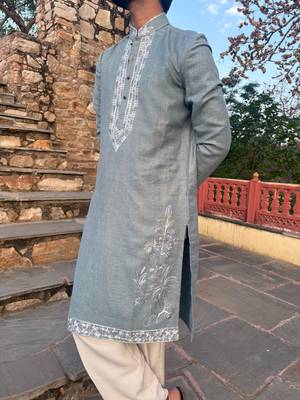 Sky blue embroidered cotton festive kurta for men 5