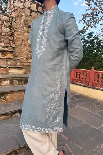Sky blue embroidered cotton festive kurta for men