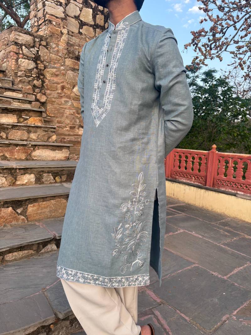 Sky blue embroidered cotton festive kurta for men