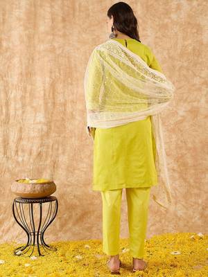 Embroidered Straight Sequinned Chanderi Cotton Kurta with Trousers & Dupatta 5