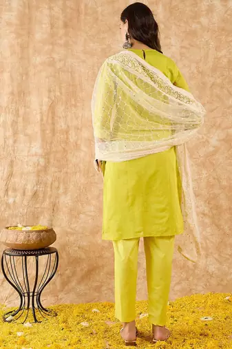 Embroidered Straight Sequinned Chanderi Cotton Kurta with Trousers & Dupatta