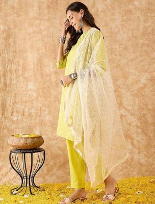 Embroidered Straight Sequinned Chanderi Cotton Kurta with Trousers & Dupatta 6