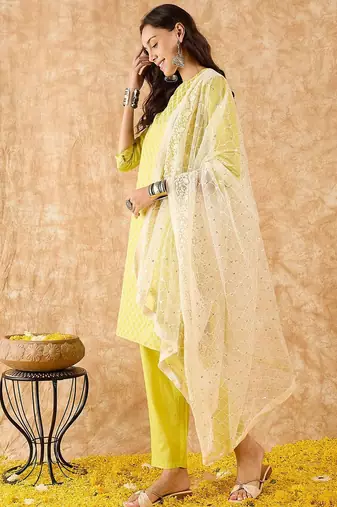 Embroidered Straight Sequinned Chanderi Cotton Kurta with Trousers & Dupatta