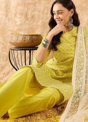 Embroidered Straight Sequinned Chanderi Cotton Kurta with Trousers & Dupatta 7