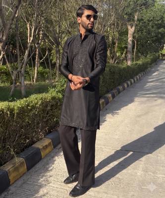 Black floral embroidered & sequin embellished cotton festive kurta for men 1