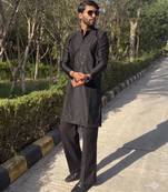 Black floral embroidered & sequin embellished cotton festive kurta for men