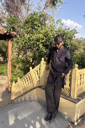 Black floral embroidered & sequin embellished cotton festive kurta for men