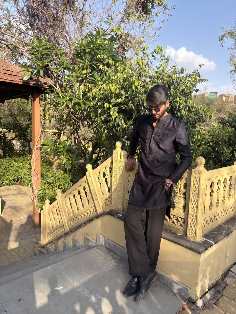 Black floral embroidered & sequin embellished cotton festive kurta for men