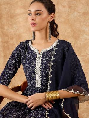 Bandhani Printed A-Line Kurta with Trousers & Dupatta 2