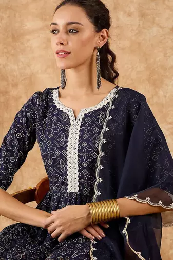 Bandhani Printed A-Line Kurta with Trousers & Dupatta