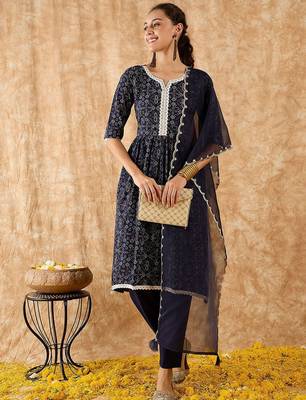 Bandhani Printed A-Line Kurta with Trousers & Dupatta 1